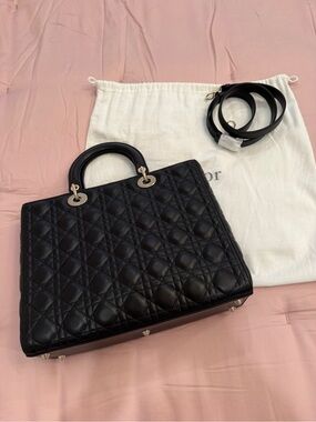 Dior Black Cannage Leather Large Lady Satchel with Gold Hardware